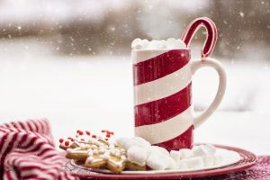 mug with candy cane and a plate of cookies
