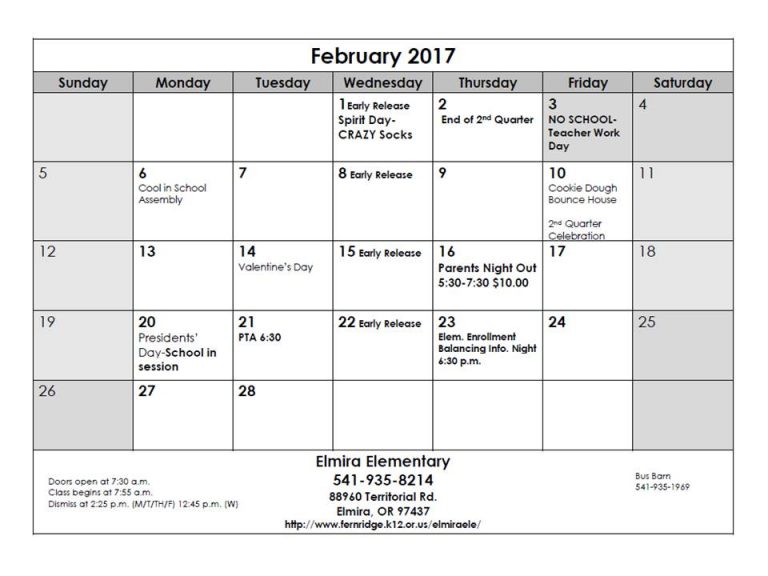 February Communication Calendar – Elmira Elementary School