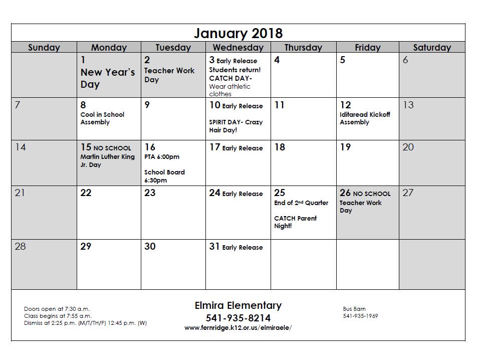 January Communication Calendar – Elmira Elementary School